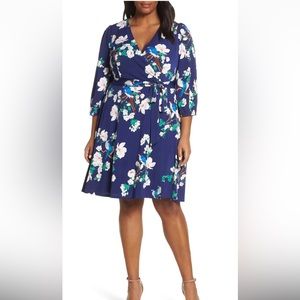 ELIZA J NAVY FLORAL AND BIRD PRINT BELTED DRESS 12
